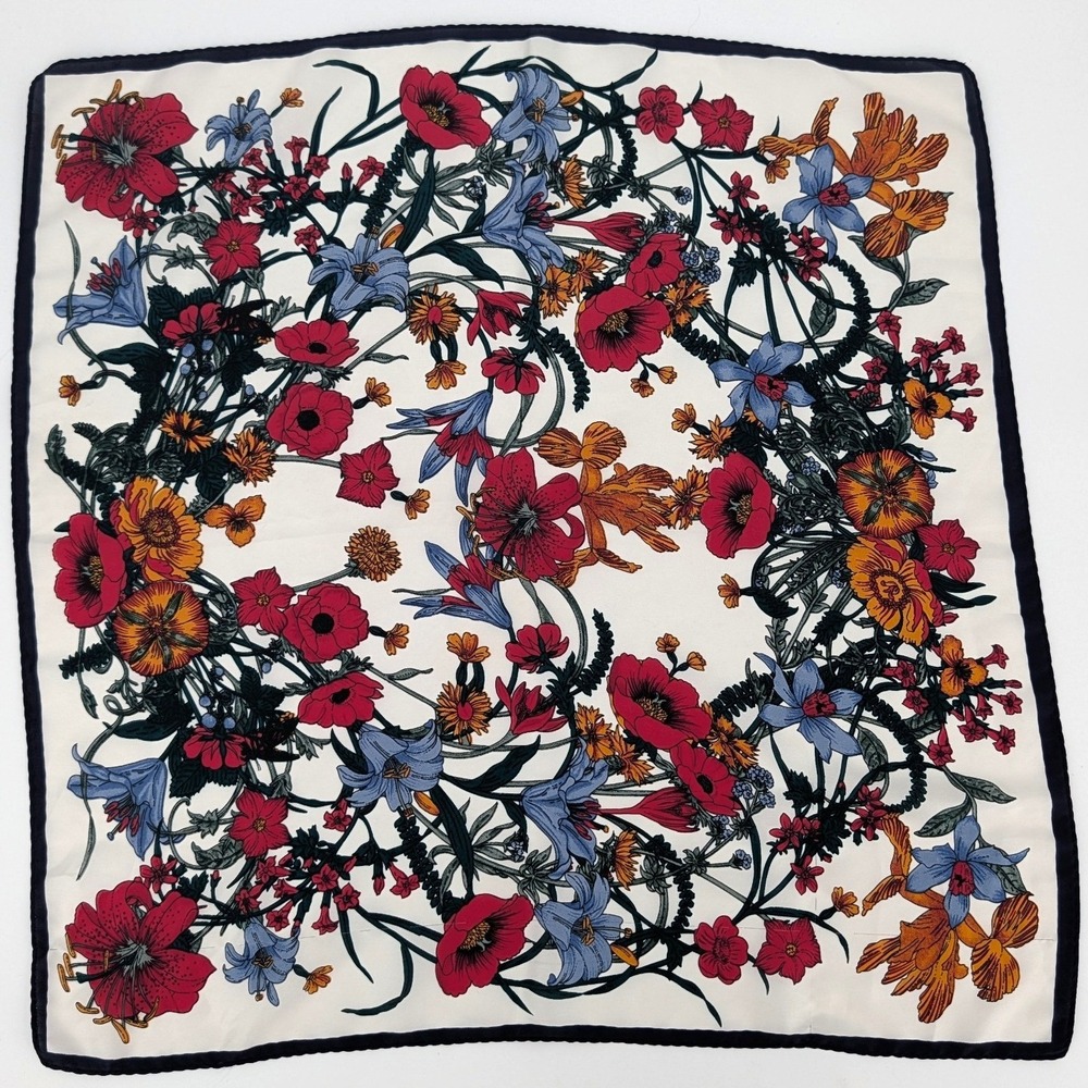 Vintage Style Floral Square Scarf Botanical Poppy Print‎ Navy Border 21x21